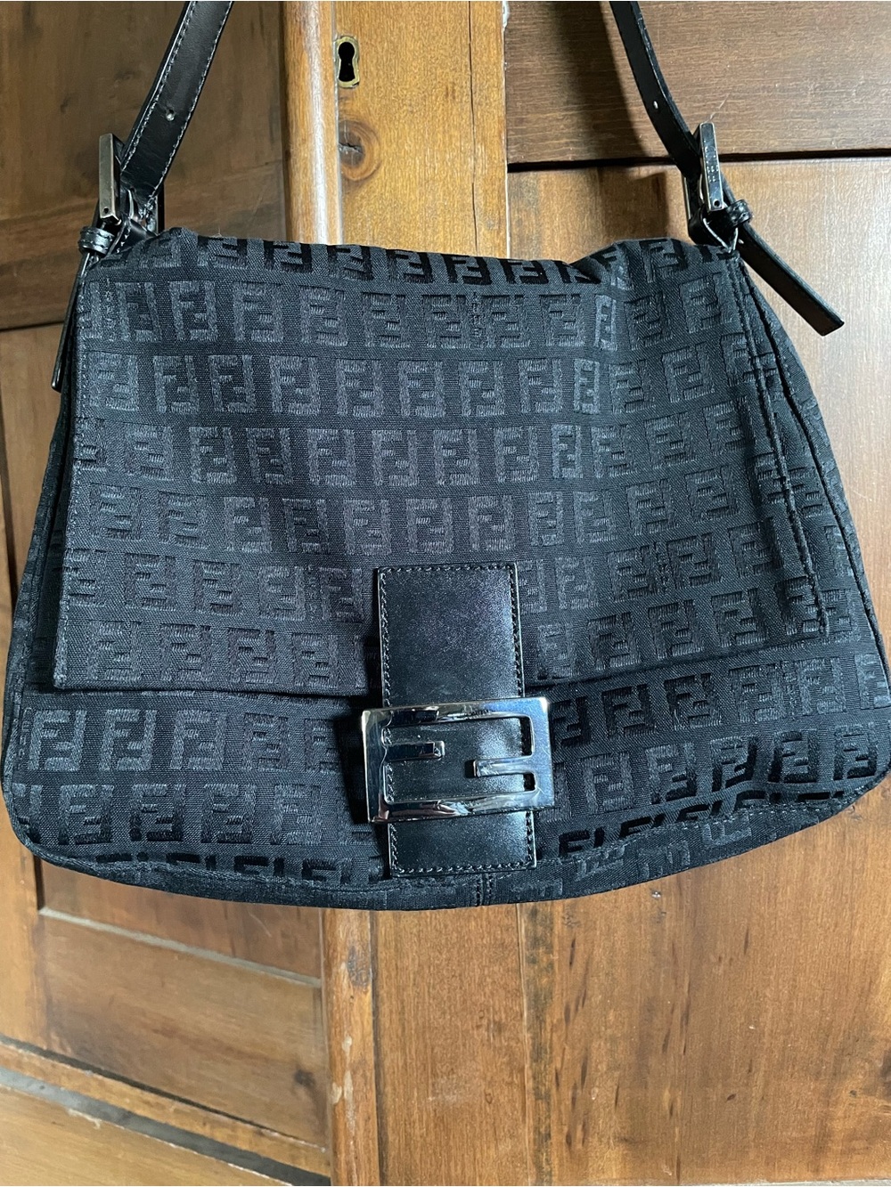Fendi Black Zucchino FF Canvas Mama Shoulder Bag with Silver Buckle
